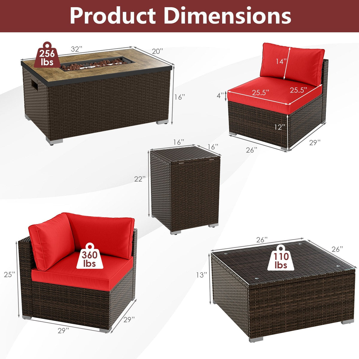 7 Piece Outdoor Furniture Set with 32 in 40,000 BTU Propane Fire Pit Table, Propane Tank Cover Table and Mix Brown Wicker Sofas, Red Cushions