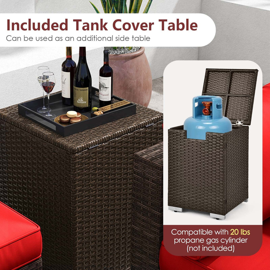 7 Piece Outdoor Furniture Set with 32 in 40,000 BTU Propane Fire Pit Table, Propane Tank Cover Table and Mix Brown Wicker Sofas, Red Cushions