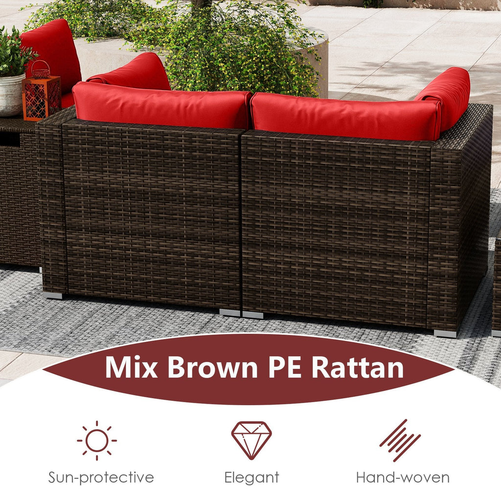 7 Piece Outdoor Furniture Set with 32 in 40,000 BTU Propane Fire Pit Table, Propane Tank Cover Table and Mix Brown Wicker Sofas, Red Cushions