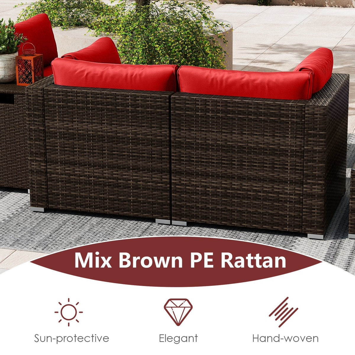 7 Piece Outdoor Furniture Set with 32 in 40,000 BTU Propane Fire Pit Table, Propane Tank Cover Table and Mix Brown Wicker Sofas, Red Cushions