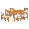 7 Piece Acacia Patio Dining Set for 6, 63 Inch Slatted Table and Six Ladder Back Chairs with Cushions