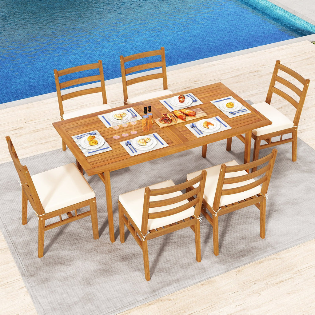 7 Piece Acacia Patio Dining Set for 6, 63 Inch Slatted Table and Six Ladder Back Chairs with Cushions