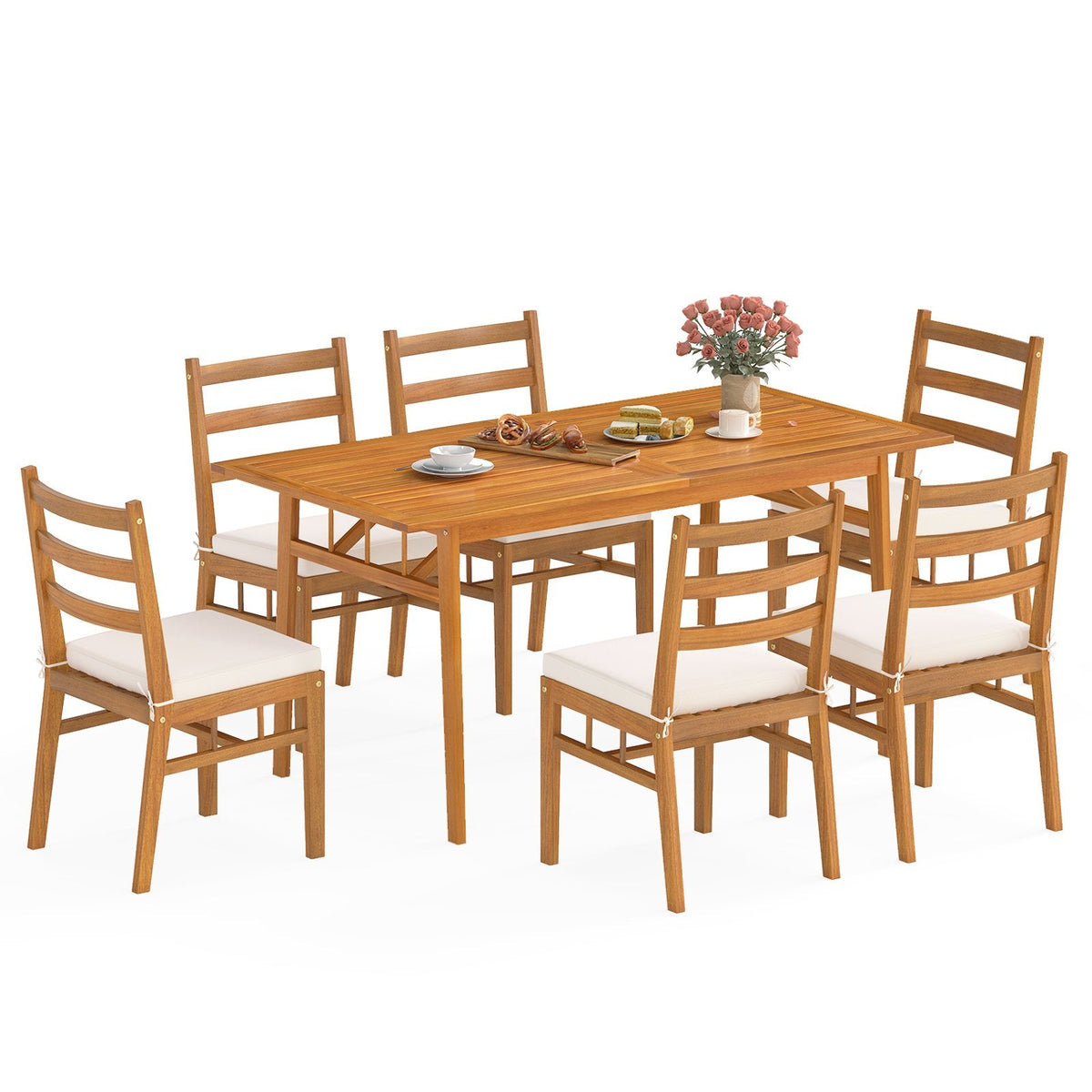 7 Piece Acacia Patio Dining Set for 6, 63 Inch Slatted Table and Six Ladder Back Chairs with Cushions