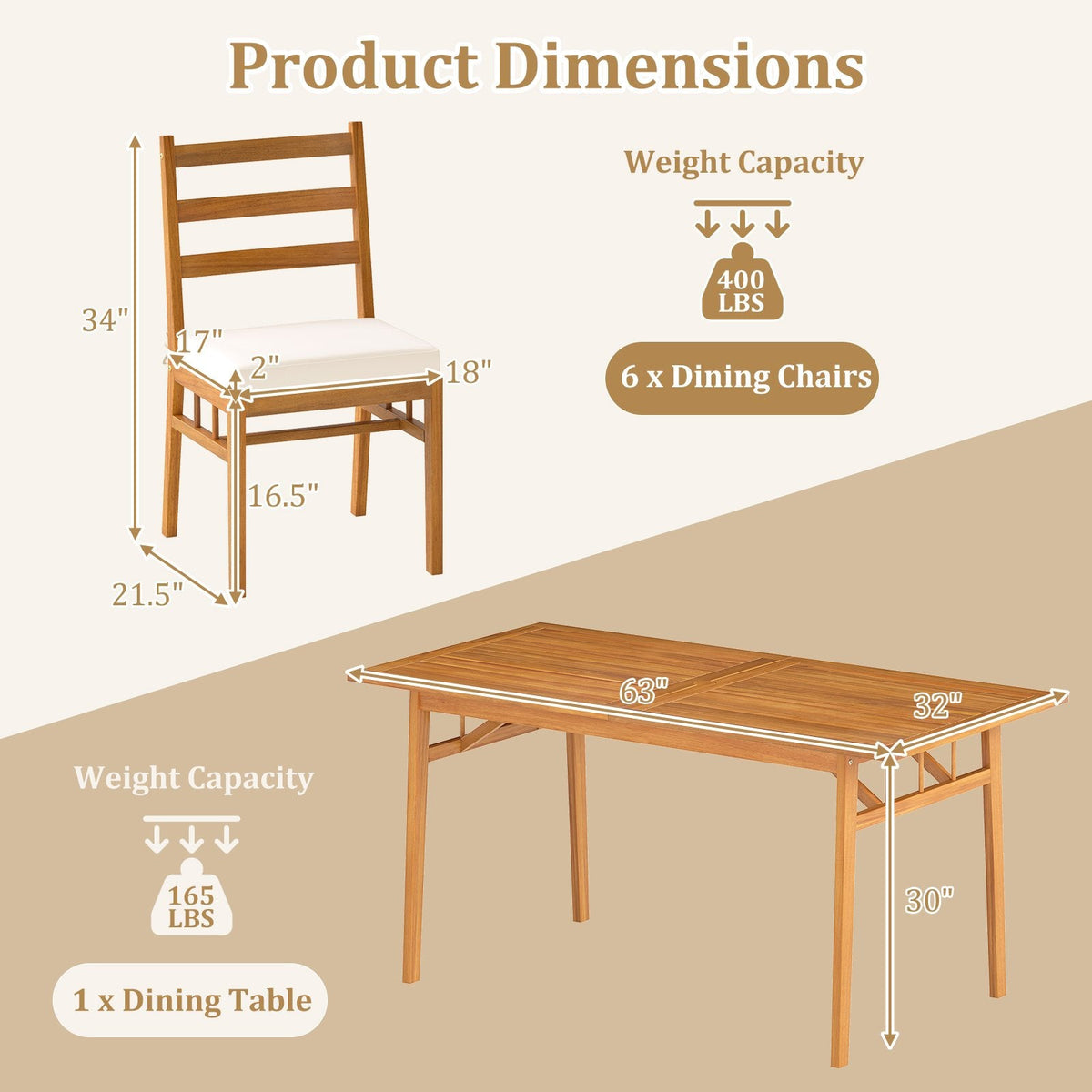 7 Piece Acacia Patio Dining Set for 6, 63 Inch Slatted Table and Six Ladder Back Chairs with Cushions