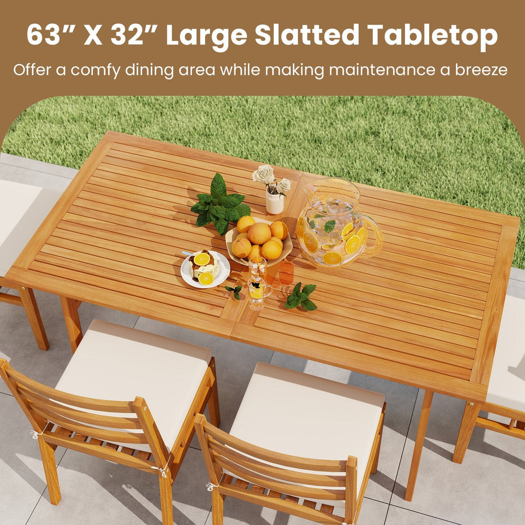 7 Piece Acacia Patio Dining Set for 6, 63 Inch Slatted Table and Six Ladder Back Chairs with Cushions