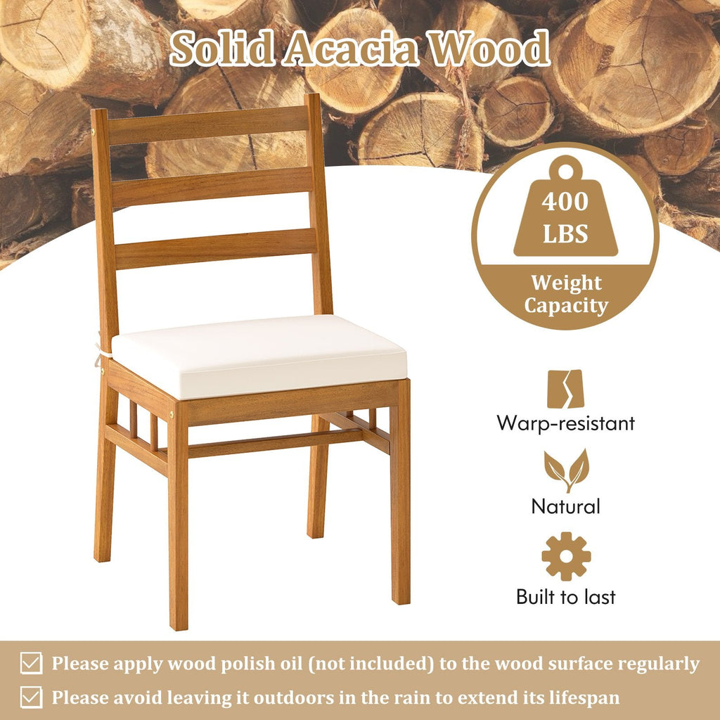 7 Piece Acacia Patio Dining Set for 6, 63 Inch Slatted Table and Six Ladder Back Chairs with Cushions