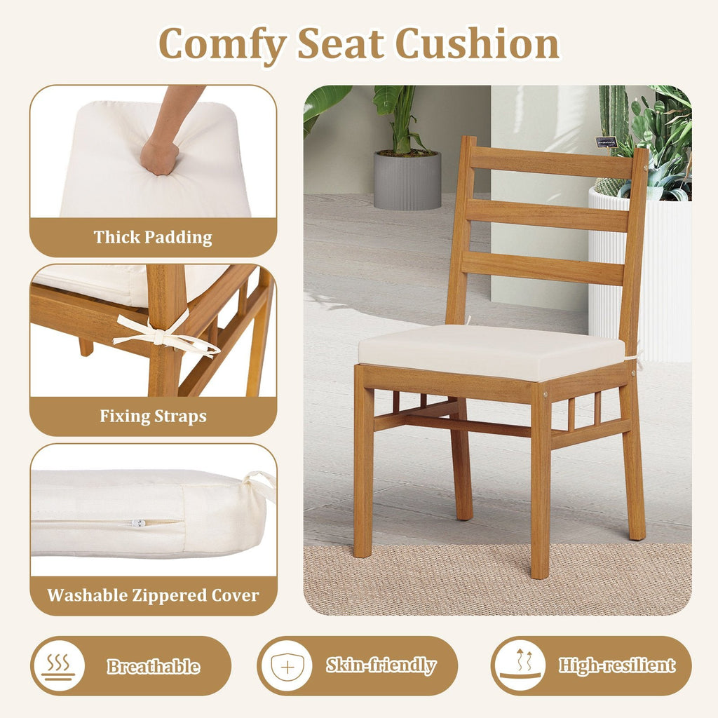 7 Piece Acacia Patio Dining Set for 6, 63 Inch Slatted Table and Six Ladder Back Chairs with Cushions