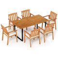 7 Piece Acacia Patio Dining Set for 6, 63 Inch Table on a U Shaped Metal Base and Six Cushioned Armchairs