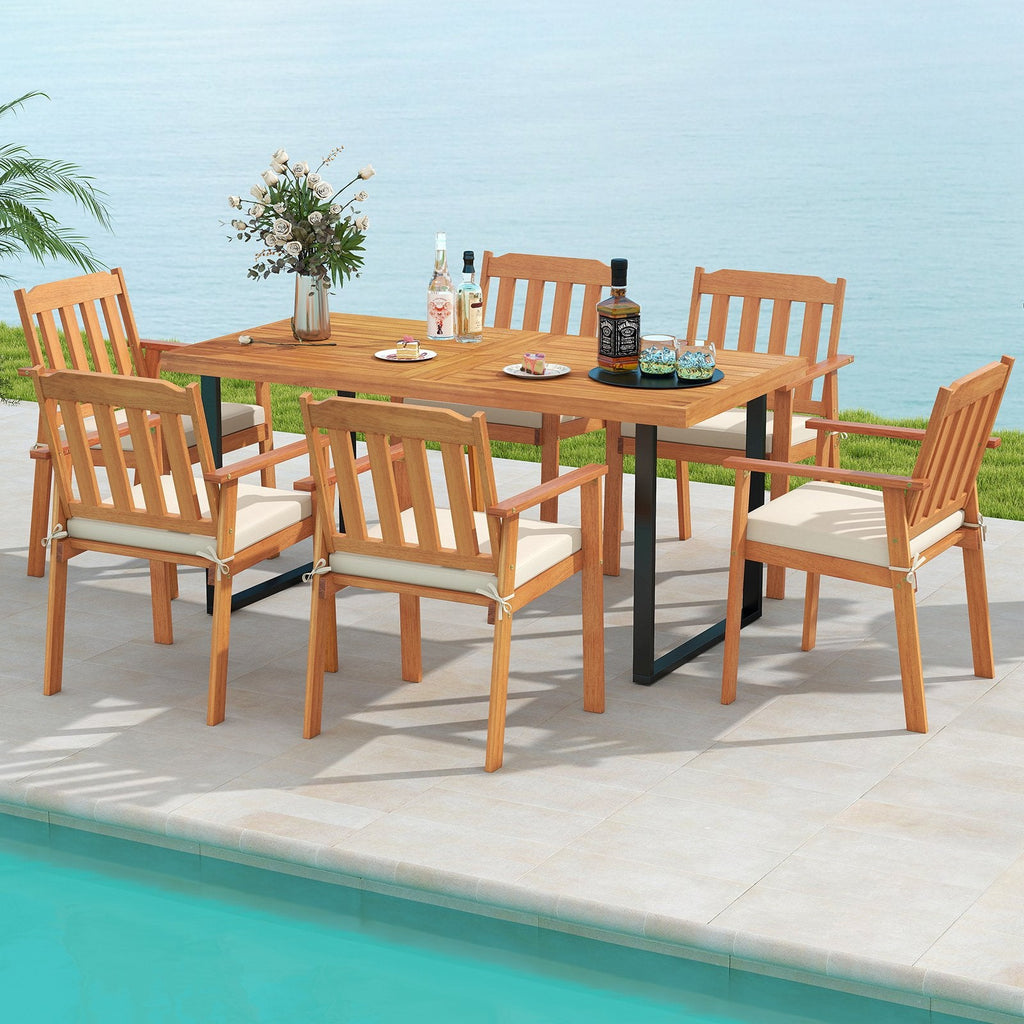 7 Piece Acacia Patio Dining Set for 6, 63 Inch Table on a U Shaped Metal Base and Six Cushioned Armchairs