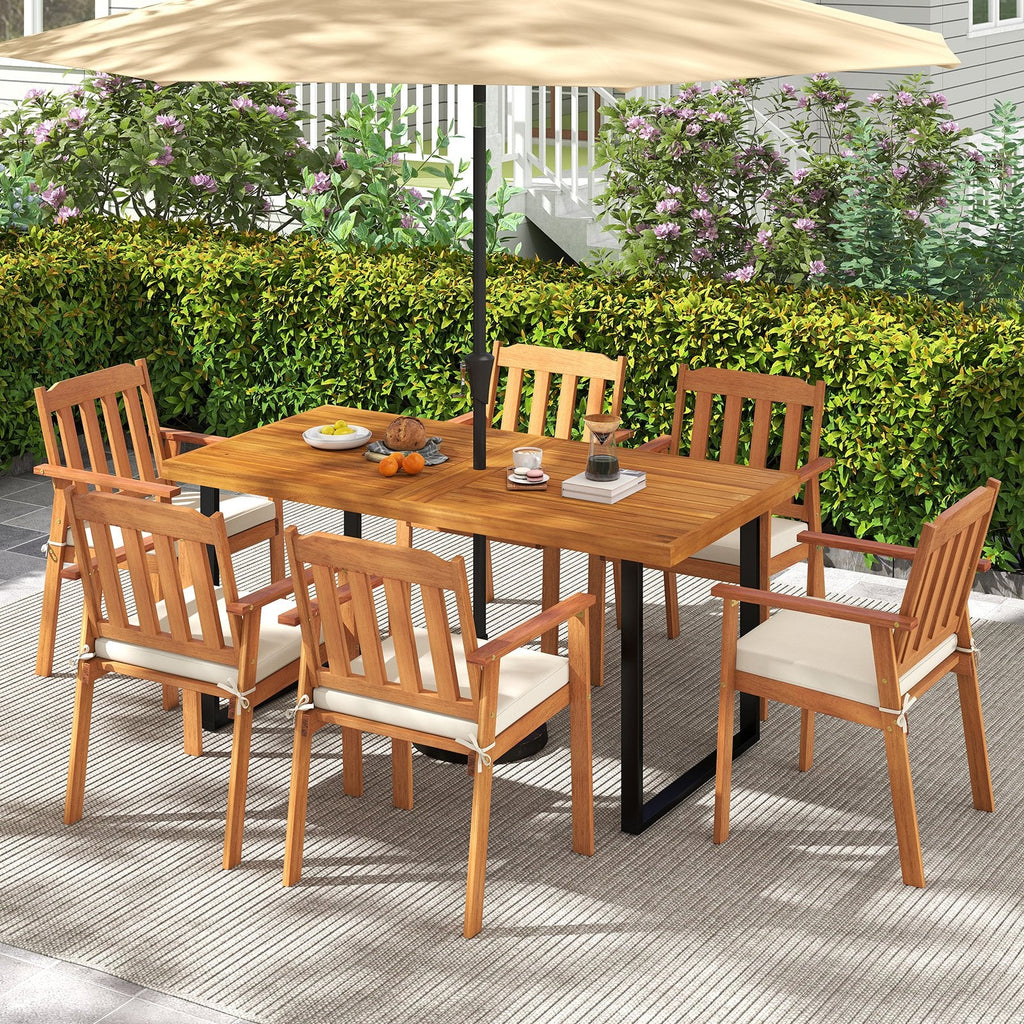 7 Piece Acacia Patio Dining Set for 6, 63 Inch Table on a U Shaped Metal Base and Six Cushioned Armchairs