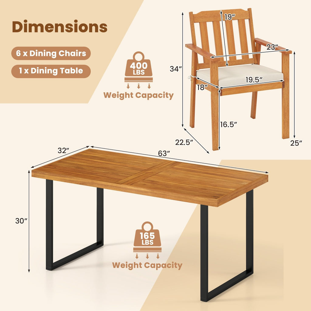 7 Piece Acacia Patio Dining Set for 6, 63 Inch Table on a U Shaped Metal Base and Six Cushioned Armchairs