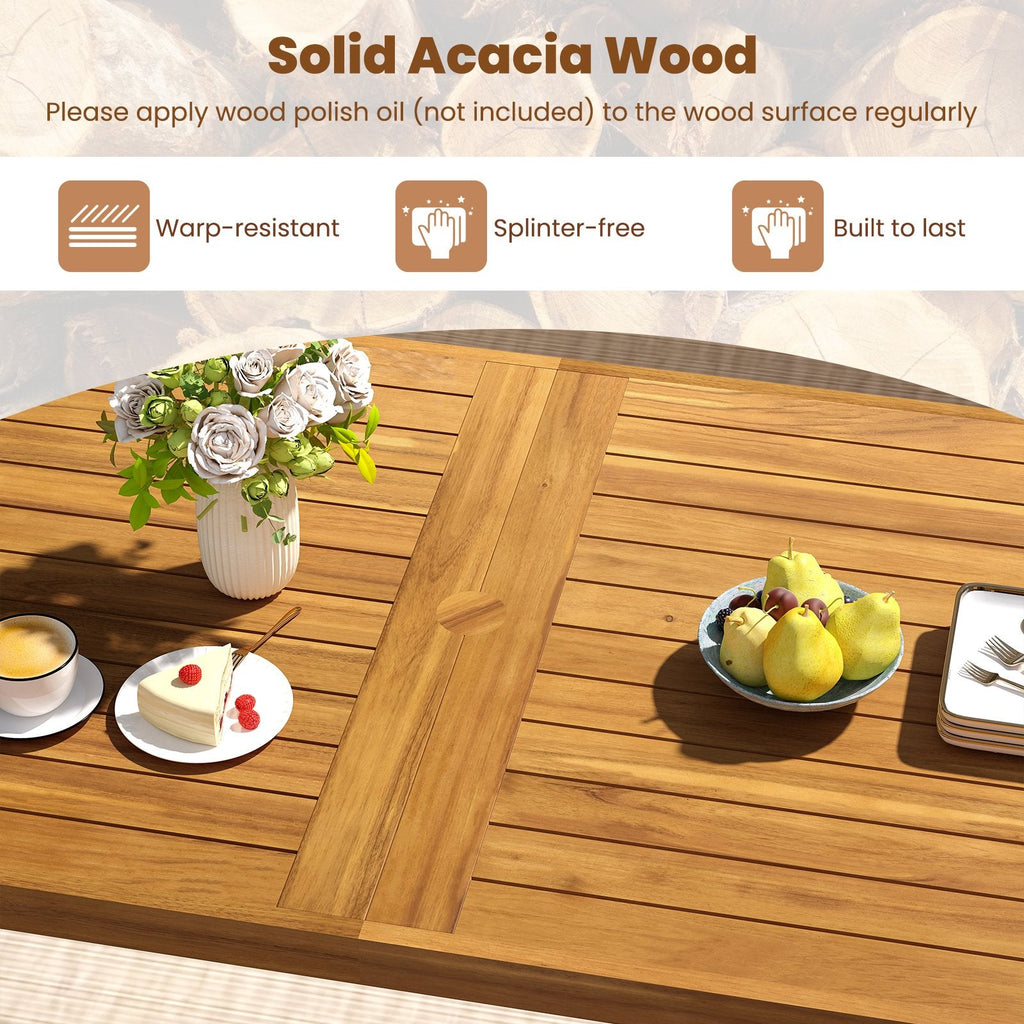 7 Piece Acacia Patio Dining Set for 6, 63 Inch Table on a U Shaped Metal Base and Six Cushioned Armchairs