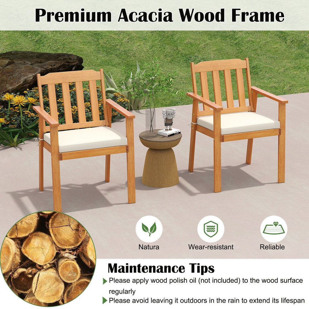 7 Piece Acacia Patio Dining Set for 6, 63 Inch Table on a U Shaped Metal Base and Six Cushioned Armchairs