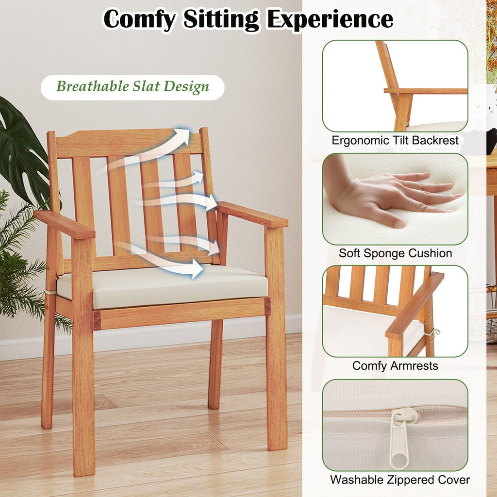 7 Piece Acacia Patio Dining Set for 6, 63 Inch Table on a U Shaped Metal Base and Six Cushioned Armchairs