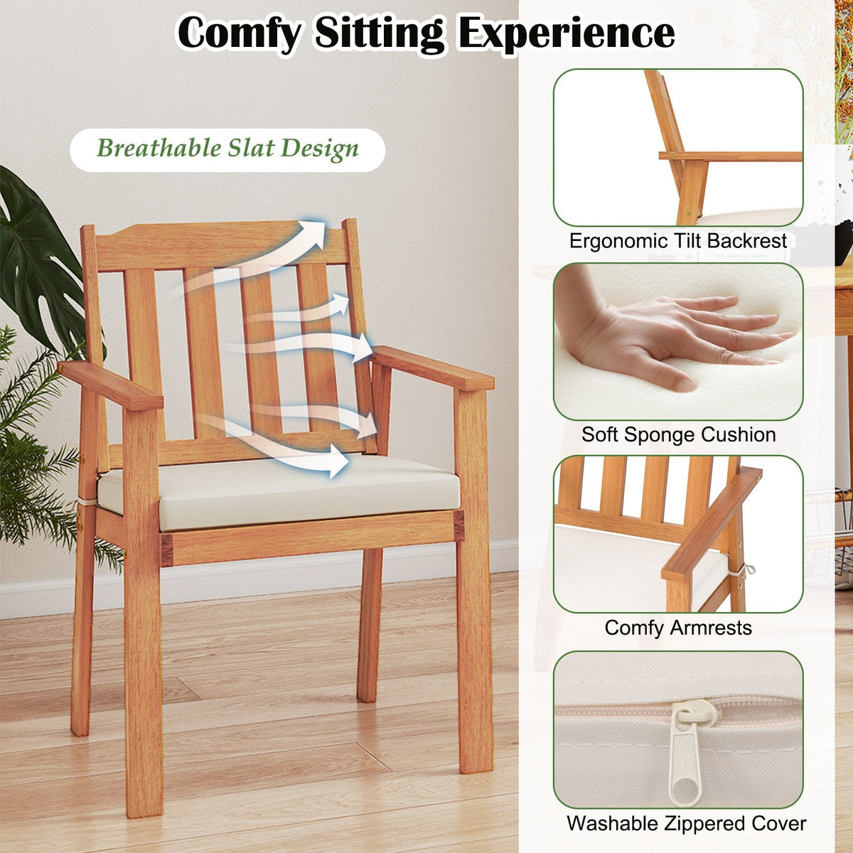 7 Piece Acacia Patio Dining Set for 6, 63 Inch Table on a U Shaped Metal Base and Six Cushioned Armchairs