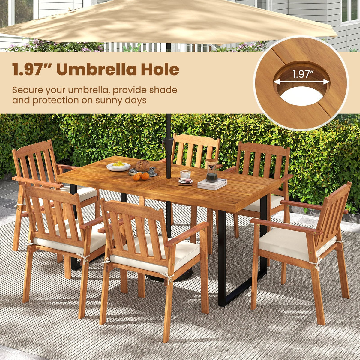 7 Piece Acacia Patio Dining Set for 6, 63 Inch Table on a U Shaped Metal Base and Six Cushioned Armchairs