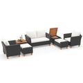 7 Piece Wicker Patio Conversation Set with 2 Storage Side Tables and 2 Ottomans, Off White