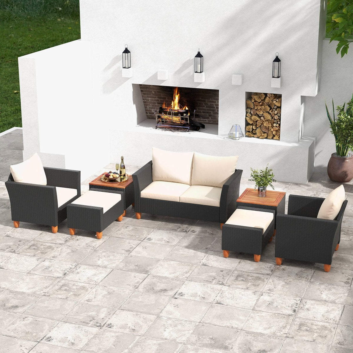 7 Piece Wicker Patio Conversation Set with 2 Storage Side Tables and 2 Ottomans, Off White