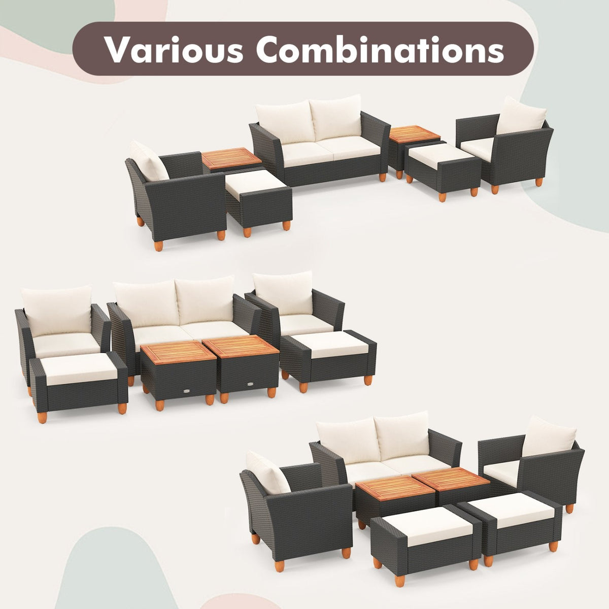 7 Piece Wicker Patio Conversation Set with 2 Storage Side Tables and 2 Ottomans, Off White