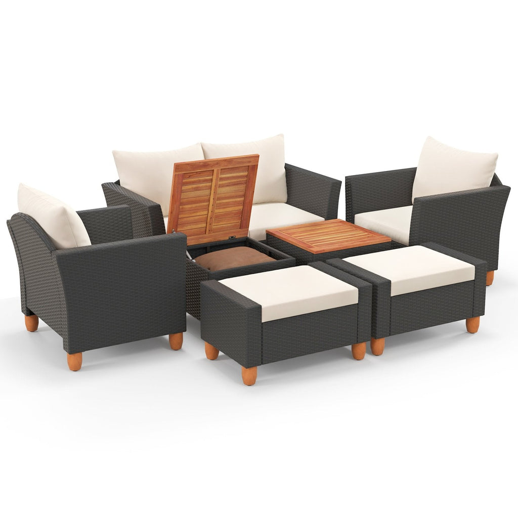 7 Piece Wicker Patio Conversation Set with 2 Storage Side Tables and 2 Ottomans, Off White