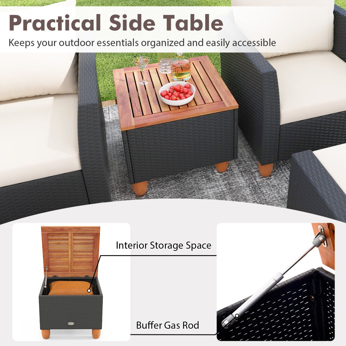 7 Piece Wicker Patio Conversation Set with 2 Storage Side Tables and 2 Ottomans, Off White
