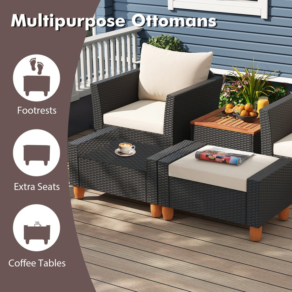 7 Piece Wicker Patio Conversation Set with 2 Storage Side Tables and 2 Ottomans, Off White