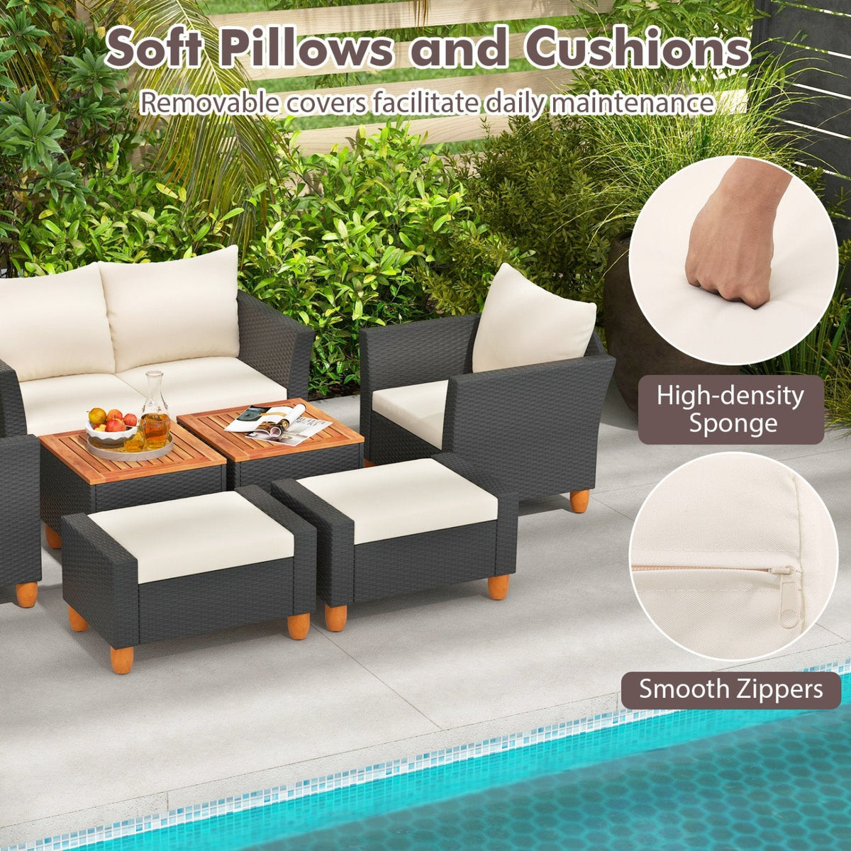 7 Piece Wicker Patio Conversation Set with 2 Storage Side Tables and 2 Ottomans, Off White