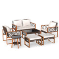 7 Piece Acacia and Wicker Patio Conversation Set with 2 Ottomans, Coffee Table and Round Side Table, Off White
