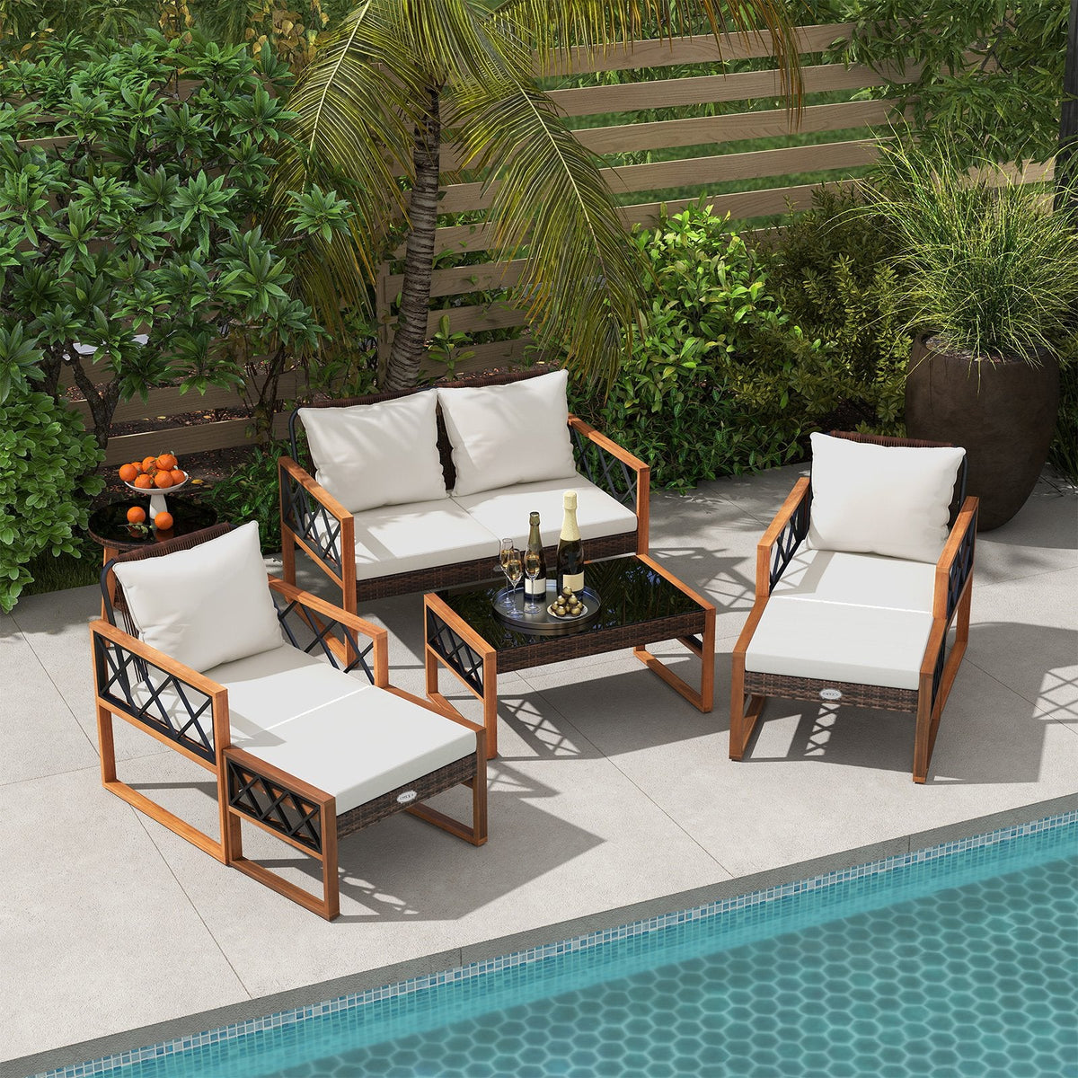 7 Piece Acacia and Wicker Patio Conversation Set with 2 Ottomans, Coffee Table and Round Side Table, Off White