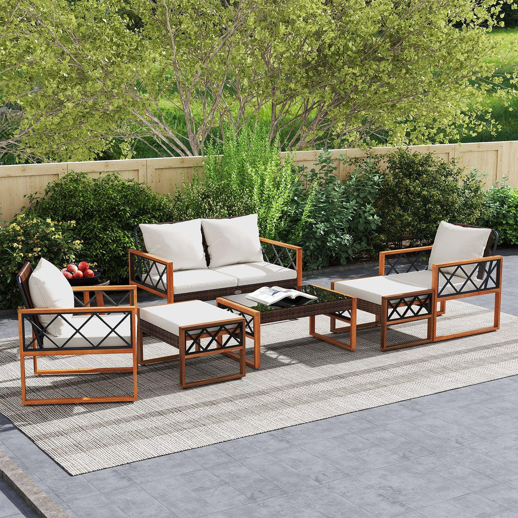 7 Piece Acacia and Wicker Patio Conversation Set with 2 Ottomans, Coffee Table and Round Side Table, Off White