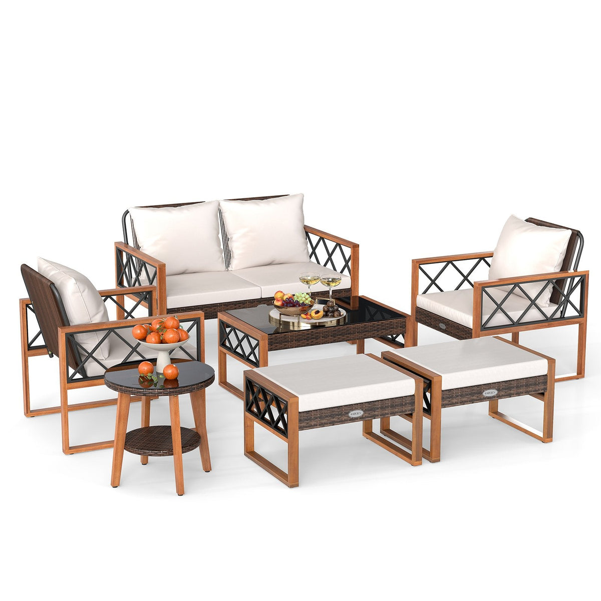 7 Piece Acacia and Wicker Patio Conversation Set with 2 Ottomans, Coffee Table and Round Side Table, Off White