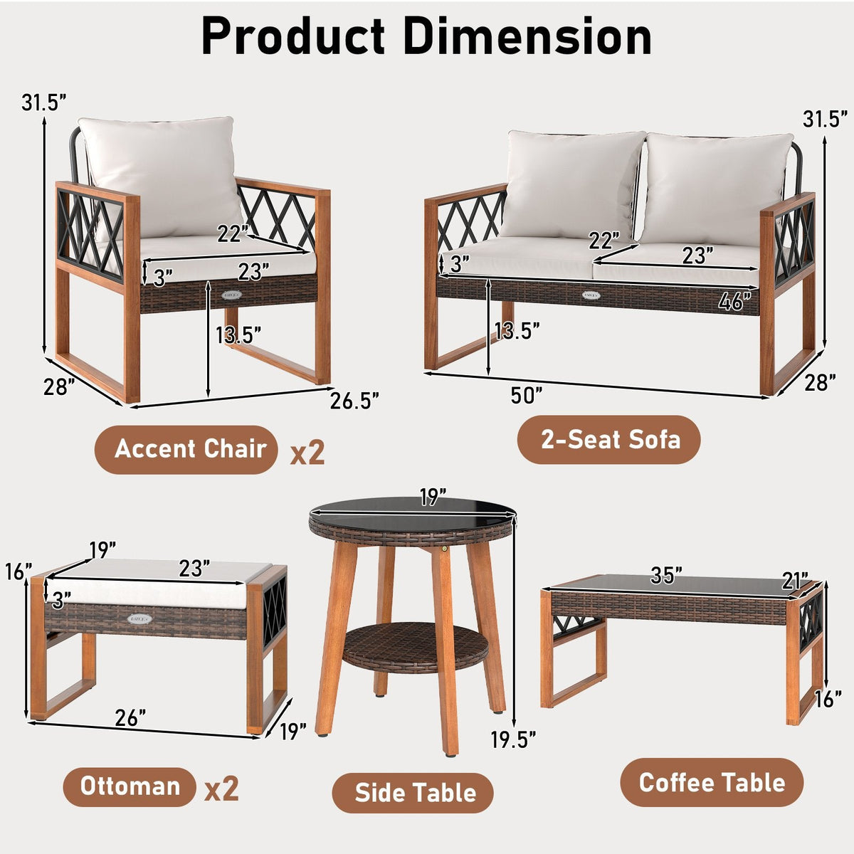7 Piece Acacia and Wicker Patio Conversation Set with 2 Ottomans, Coffee Table and Round Side Table, Off White