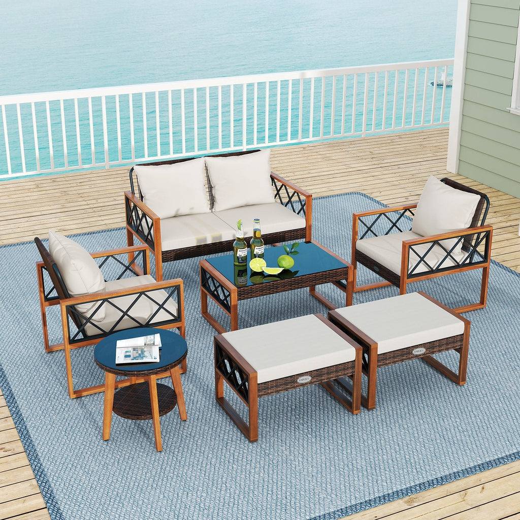 7 Piece Acacia and Wicker Patio Conversation Set with 2 Ottomans, Coffee Table and Round Side Table, Off White