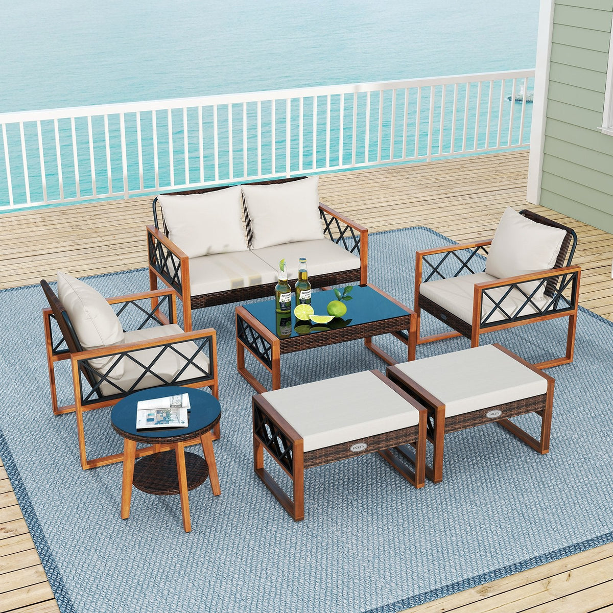7 Piece Acacia and Wicker Patio Conversation Set with 2 Ottomans, Coffee Table and Round Side Table, Off White