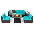 7 Piece Wicker Fire Pit Patio Set, Turquoise, 35 Inch 50000 BTU Propane Table with Washable Covers and 5 Seats