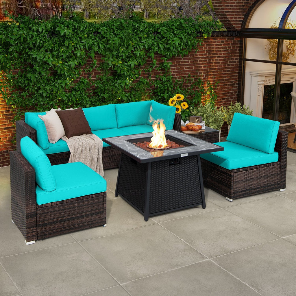 7 Piece Wicker Fire Pit Patio Set, Turquoise, 35 Inch 50000 BTU Propane Table with Washable Covers and 5 Seats