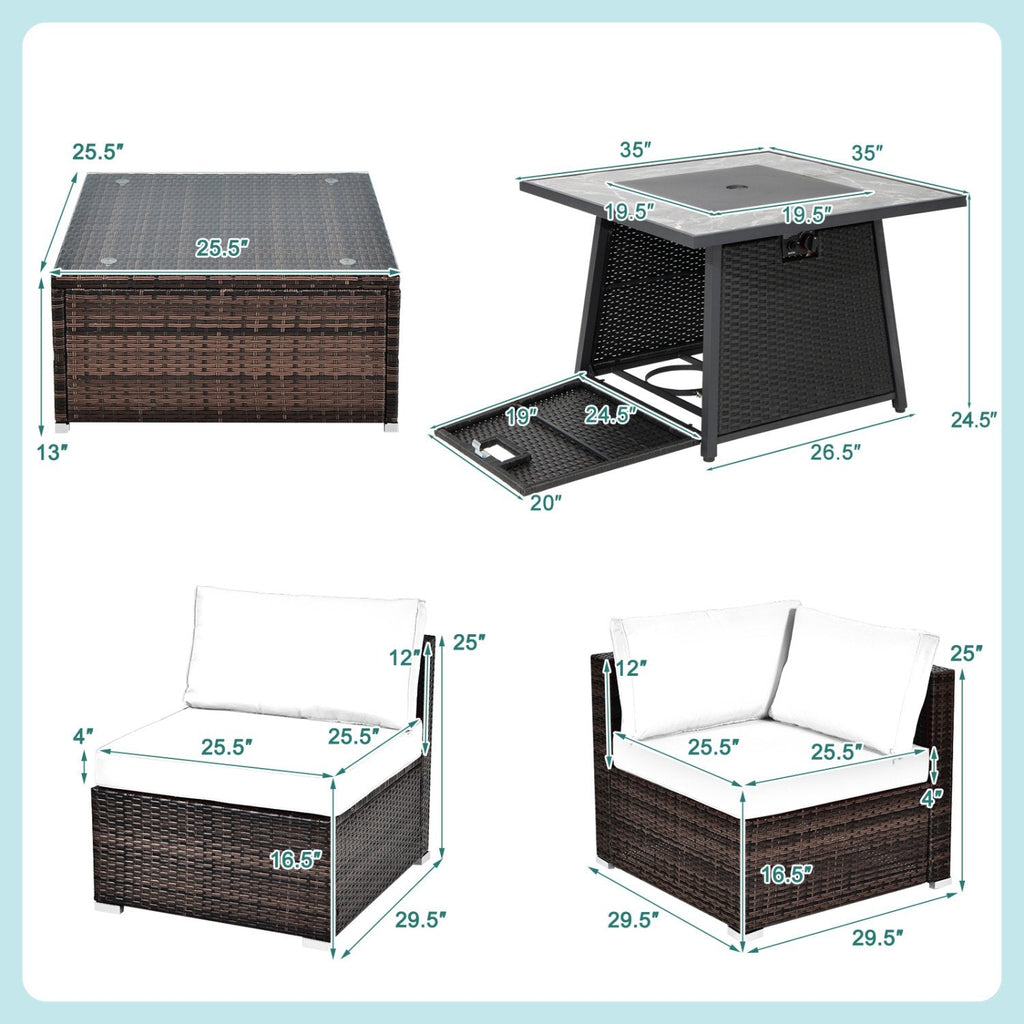 7 Piece Wicker Fire Pit Patio Set, Turquoise, 35 Inch 50000 BTU Propane Table with Washable Covers and 5 Seats