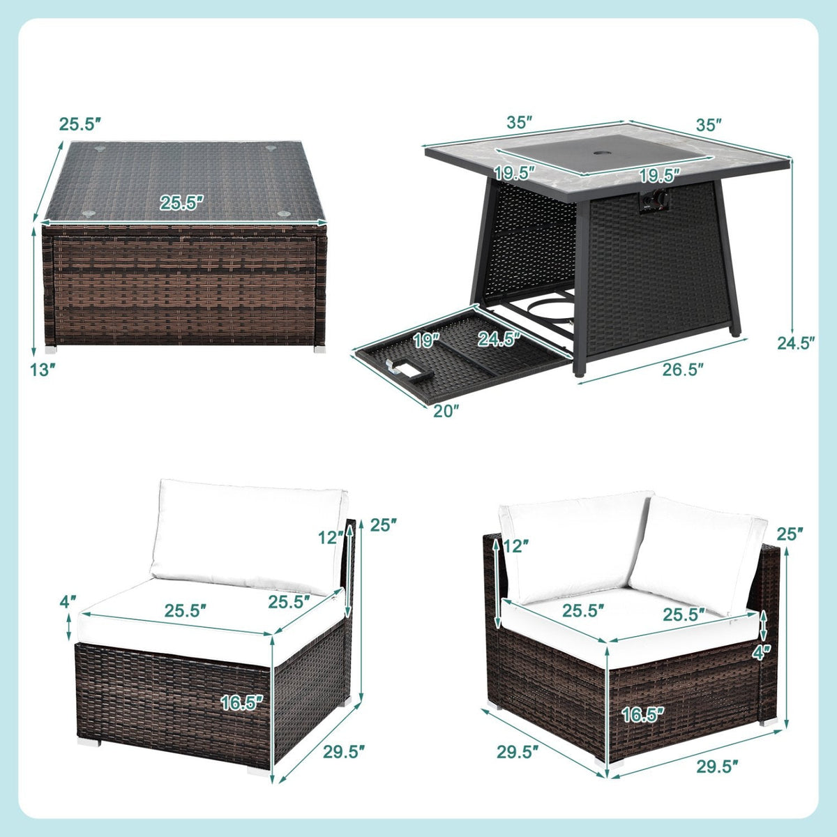 7 Piece Wicker Fire Pit Patio Set, Turquoise, 35 Inch 50000 BTU Propane Table with Washable Covers and 5 Seats