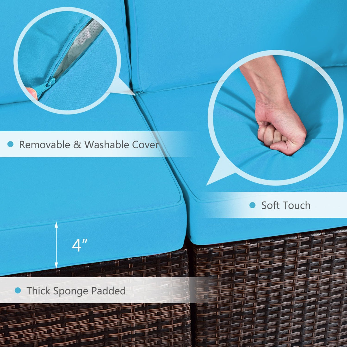 7 Piece Wicker Fire Pit Patio Set, Turquoise, 35 Inch 50000 BTU Propane Table with Washable Covers and 5 Seats
