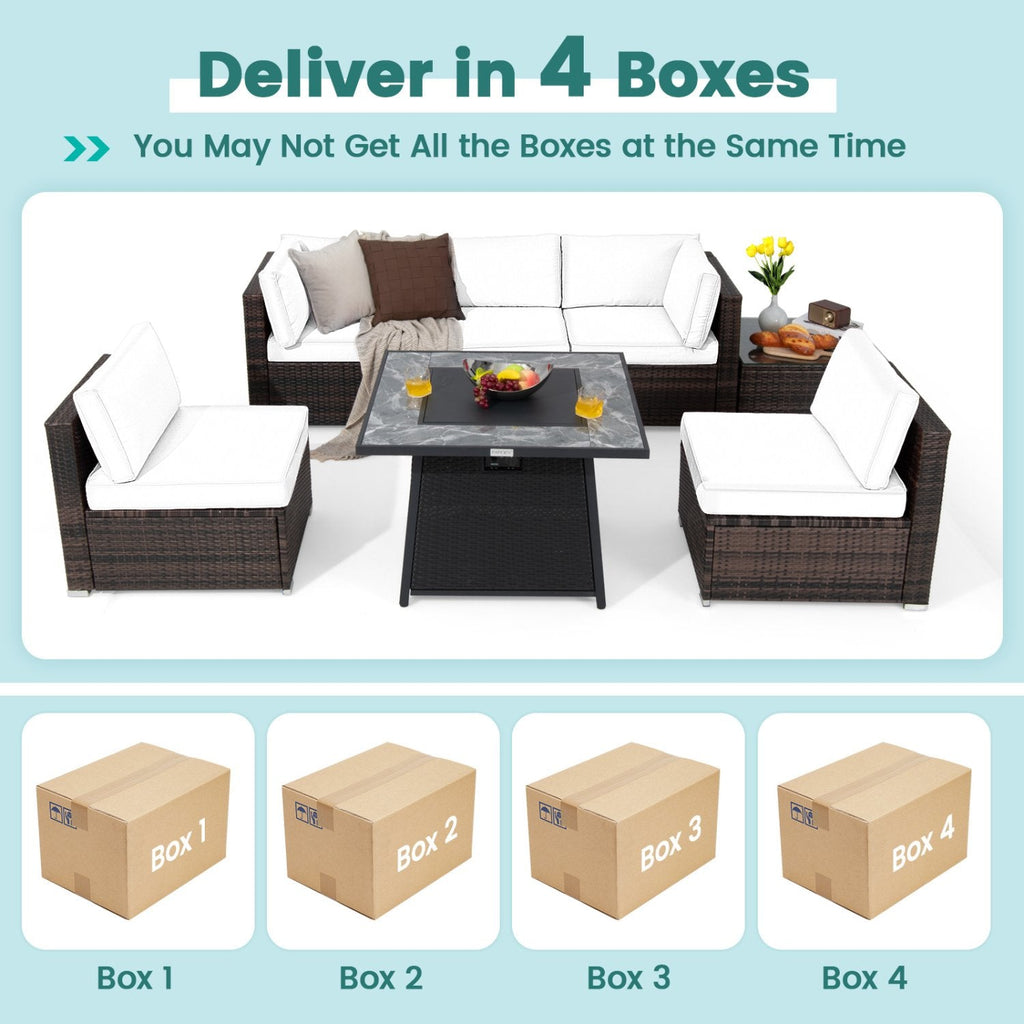 7 Piece Wicker Fire Pit Patio Set, Turquoise, 35 Inch 50000 BTU Propane Table with Washable Covers and 5 Seats