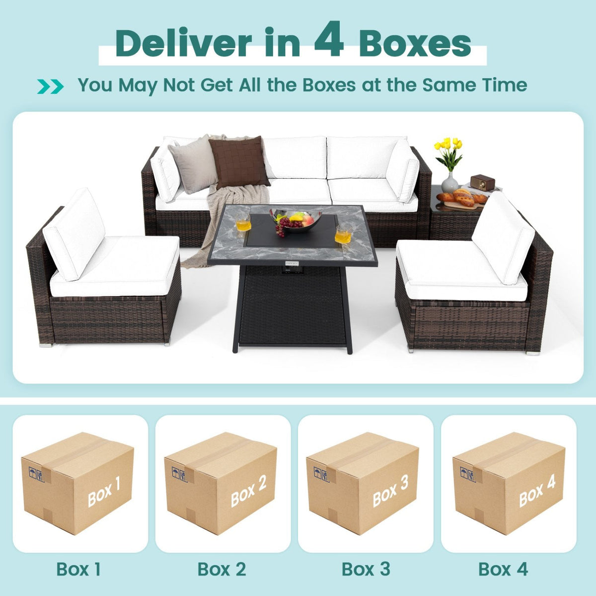 7 Piece Wicker Fire Pit Patio Set, Turquoise, 35 Inch 50000 BTU Propane Table with Washable Covers and 5 Seats