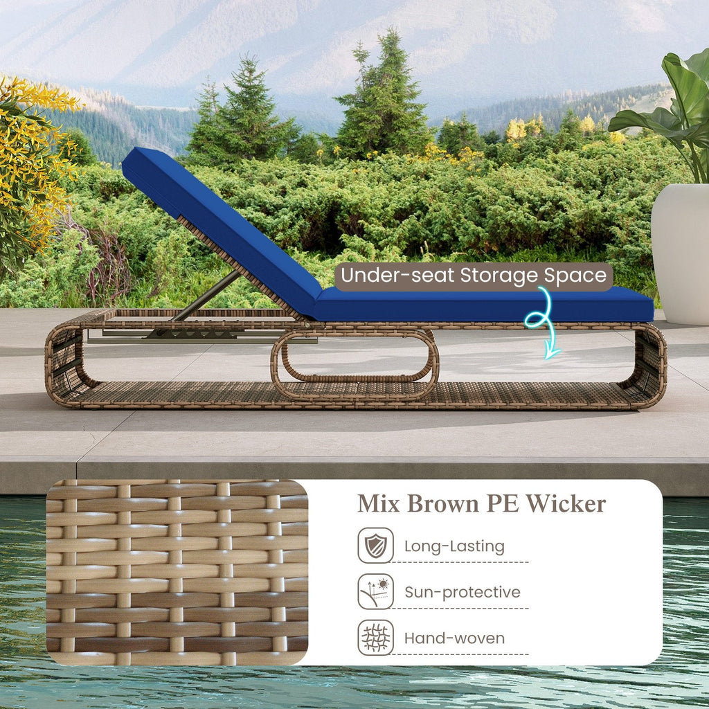 PE Rattan Chaise Lounge with 7 Level Backrest and Under Seat Storage, Navy