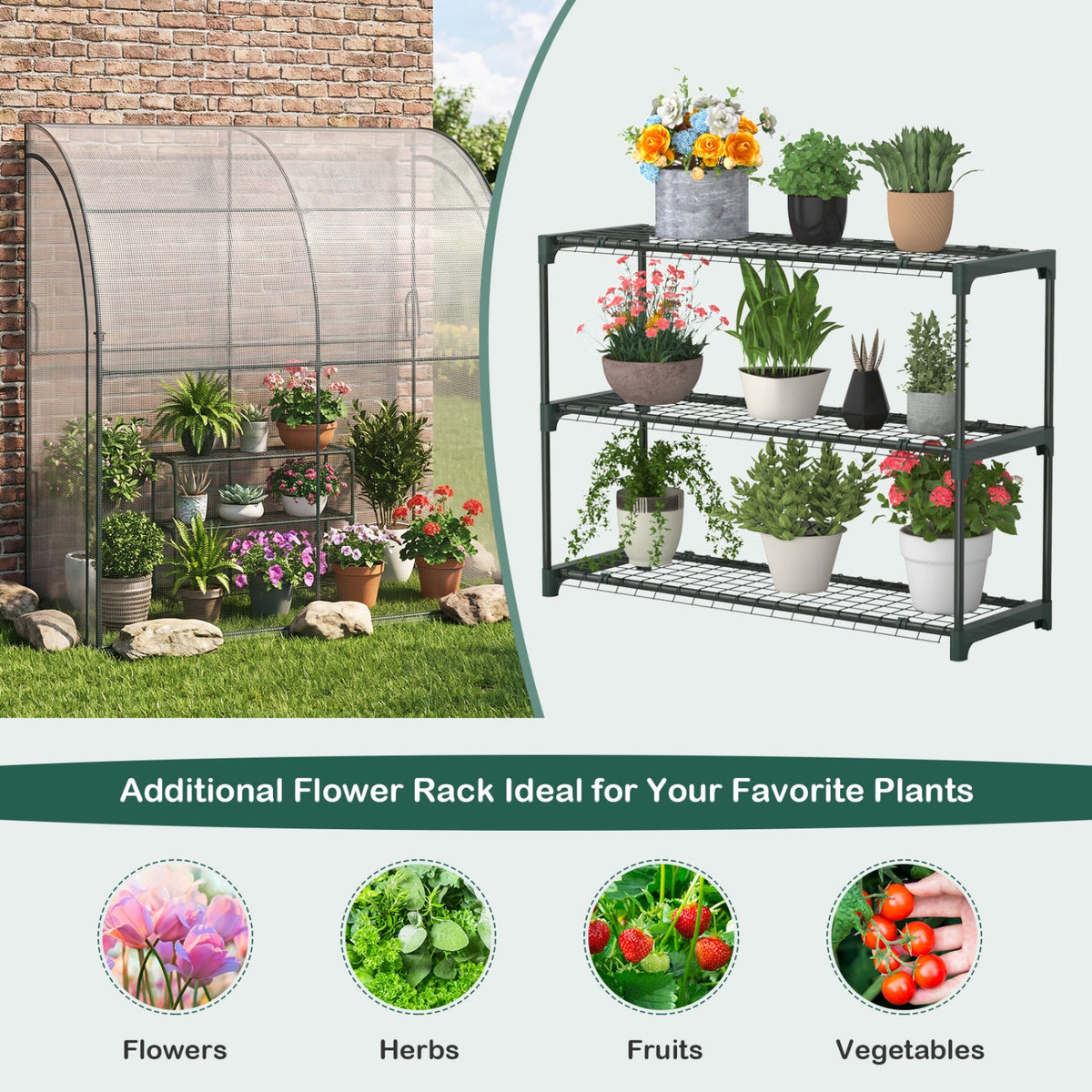 7 x 3.5 x 7 Feet Lean-to Greenhouse with Flower Rack-White