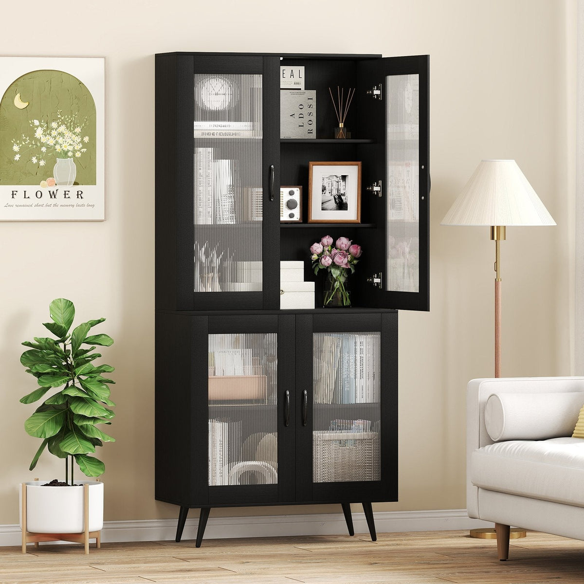 70.5 inch Tall Kitchen Pantry Cabinet Cupboard with 4 Transparent Doors-Black