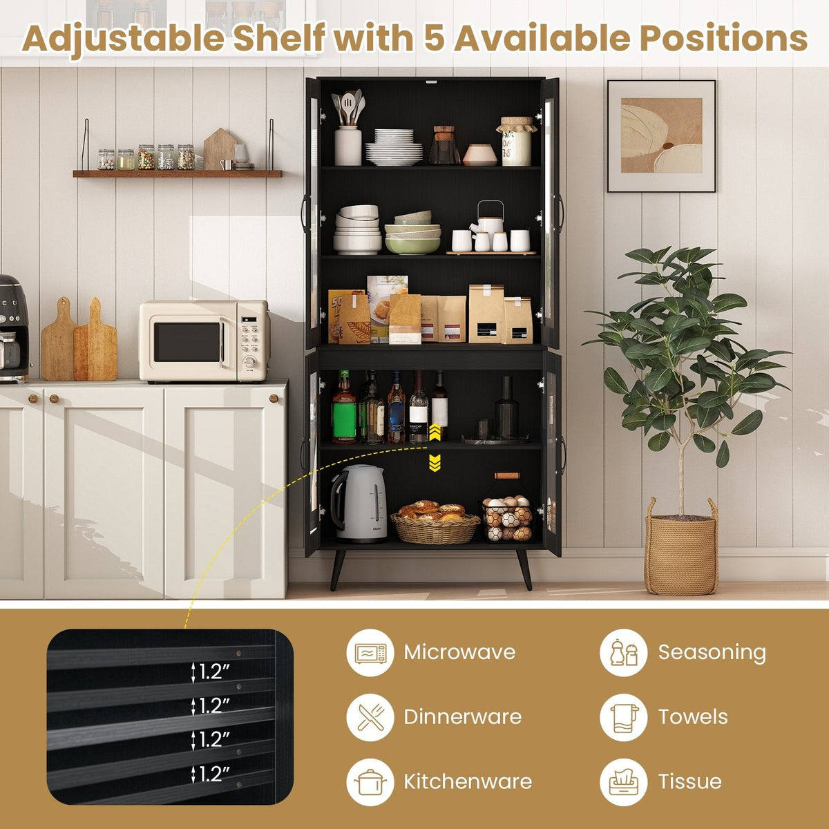 70.5 inch Tall Kitchen Pantry Cabinet Cupboard with 4 Transparent Doors-Black