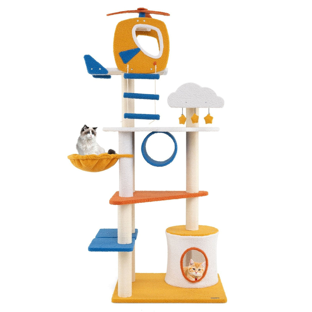 70 Inch Aviation Cat Tree with a Helicopter Perch, Tunnel and Cloud Platforms