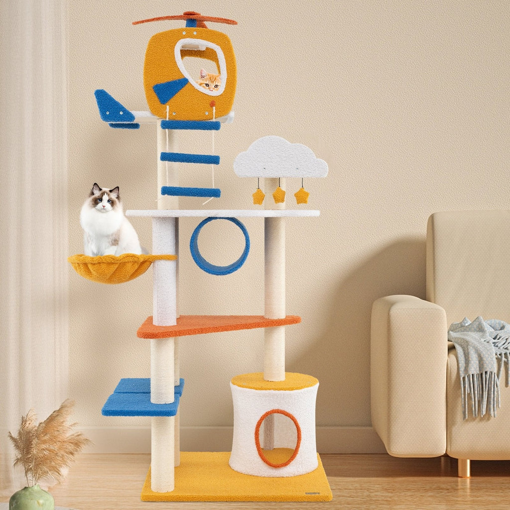 70 Inch Aviation Cat Tree with a Helicopter Perch, Tunnel and Cloud Platforms