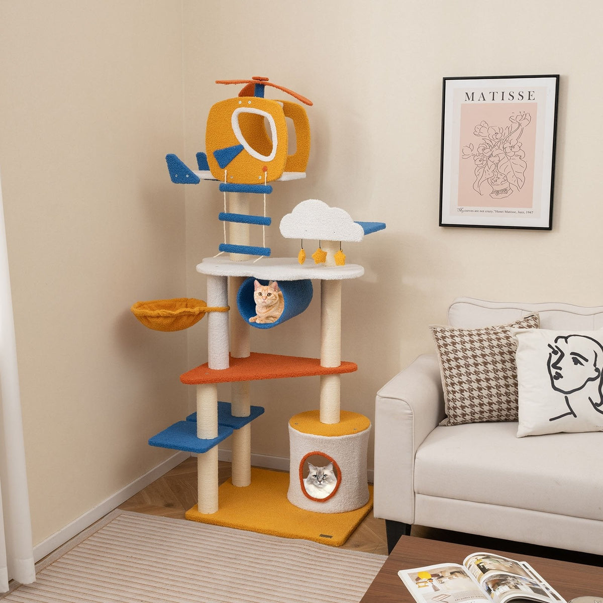 70 Inch Aviation Cat Tree with a Helicopter Perch, Tunnel and Cloud Platforms