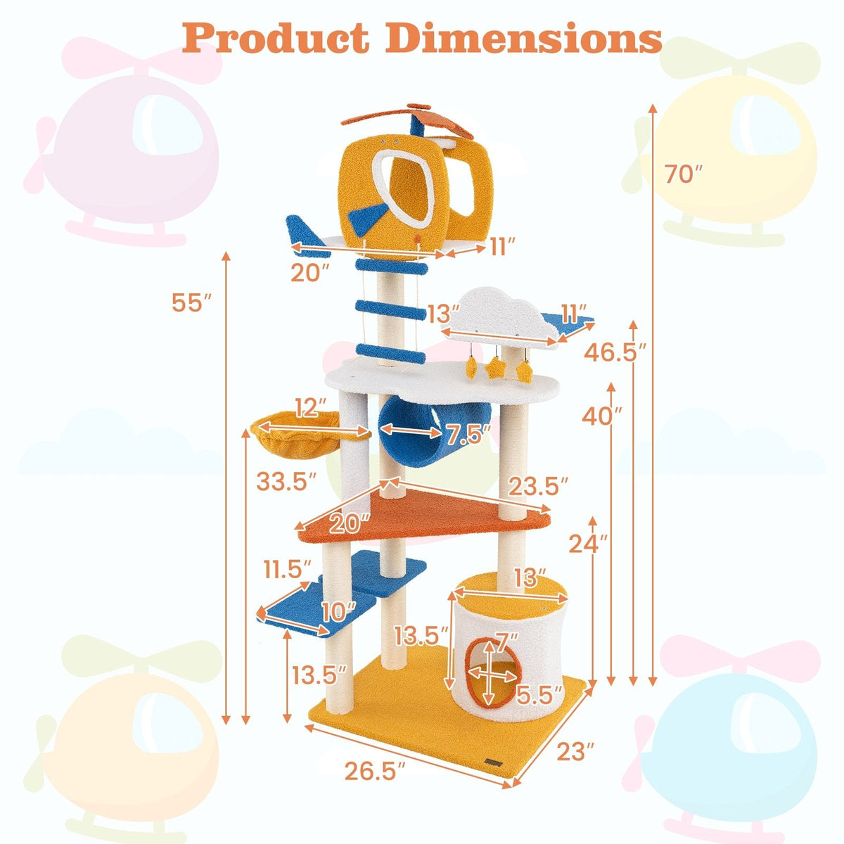 70 Inch Aviation Cat Tree with a Helicopter Perch, Tunnel and Cloud Platforms