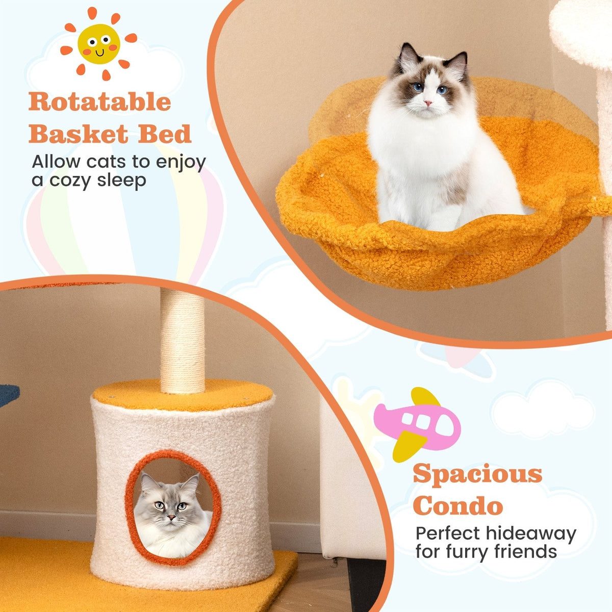 70 Inch Aviation Cat Tree with a Helicopter Perch, Tunnel and Cloud Platforms